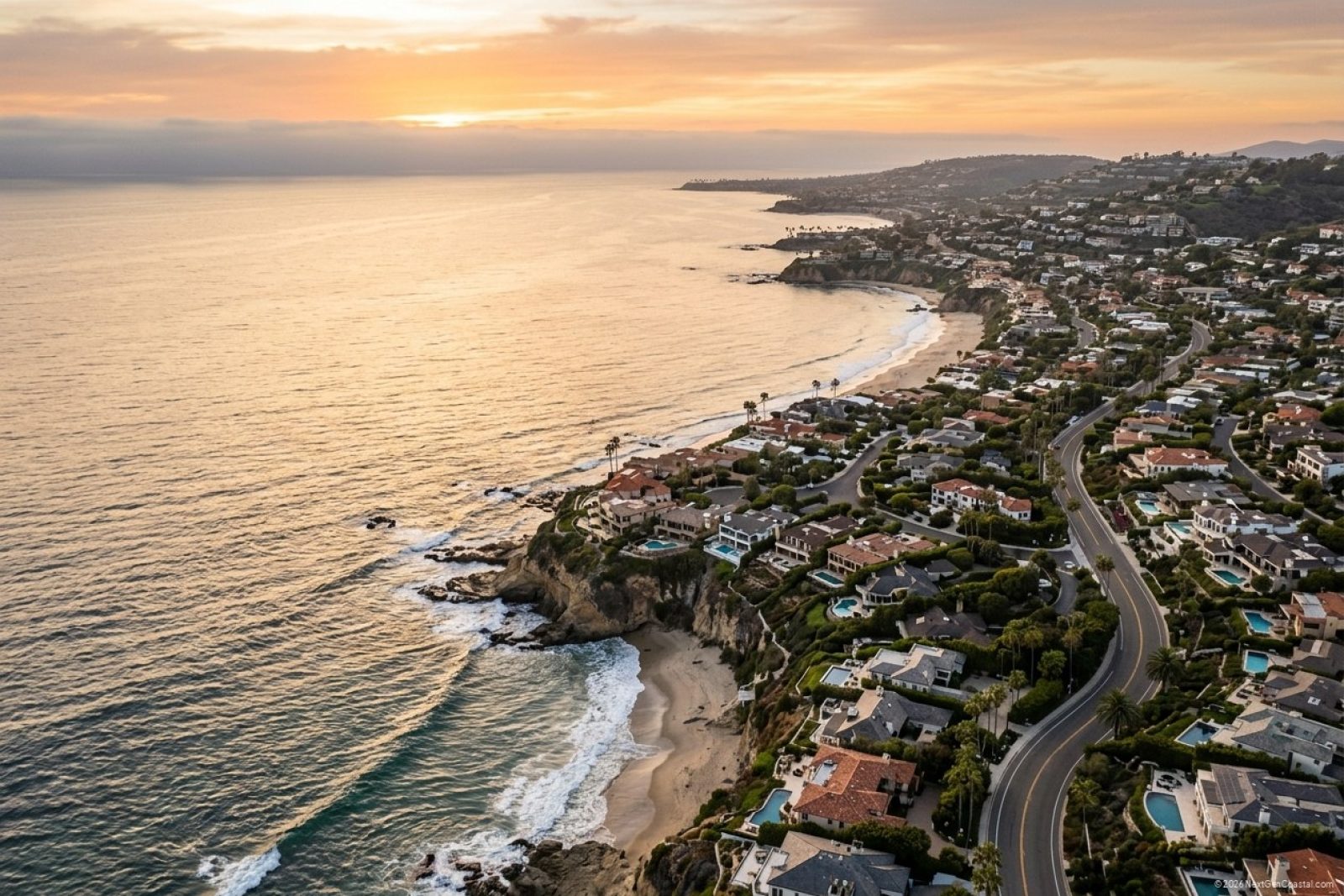 Wide cinematic aerial of the southern California coast at sunset — Newport Beach to Laguna — with luxury homes dotting the bluffs, the Pacific glowing gold, gentle marine layer at the horizon, palm-lined cliff roads, photorealistic editorial composition, no labels, no text.