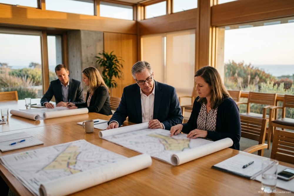 Editorial interior photograph of a city-government meeting room with a long wood conference table, a row of city planners in business attire reviewing site plans (every drawing blurred to illegibility, no readable text), neutral daylight from clerestory windows, professional civic mood.