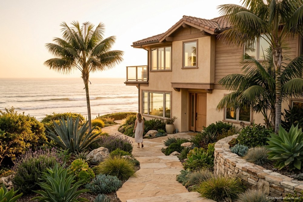 Three-quarter exterior of a Newport Beach short-term-rental compliant coastal home at golden hour, framed drought-tolerant garden, sandstone walkway, palm trees, warm Pacific light, no signage anywhere, no text.