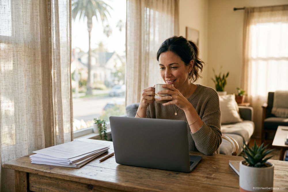 Editorial workspace photograph of a Santa Monica home-sharing host in business-casual at a residential desk with a coffee mug, an unbranded laptop with the screen blank, a small stack of unmarked paperwork, morning coastal light through linen curtains, no readable text.
