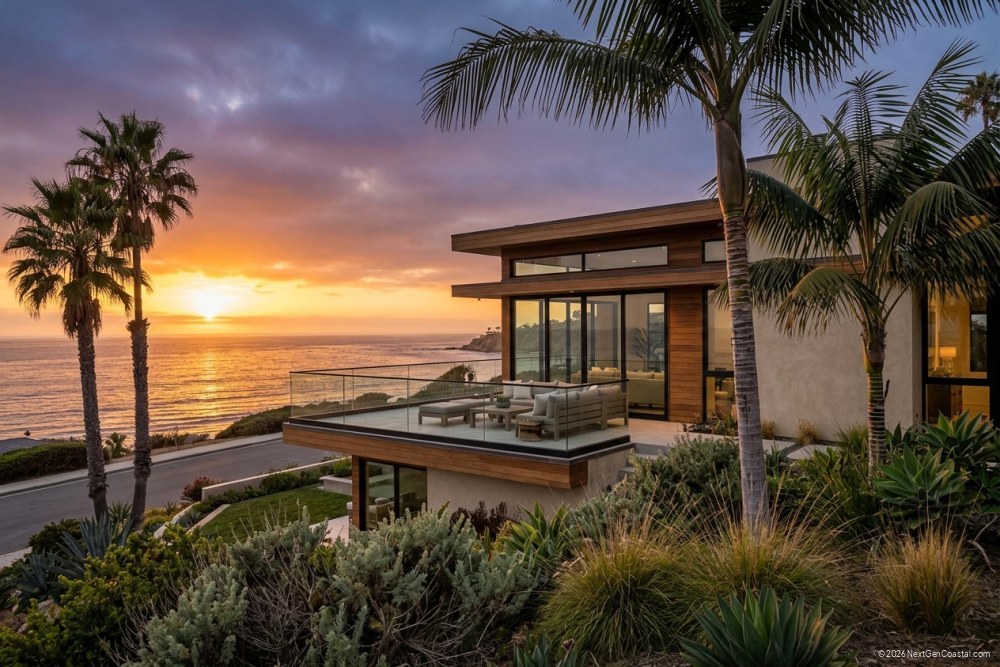 Three-quarter exterior of a La Jolla oceanfront luxury single-family rental at sunset, palm trees in the foreground, glass-railed terrace, the Pacific glowing gold beyond, no signage, no text on any surface.