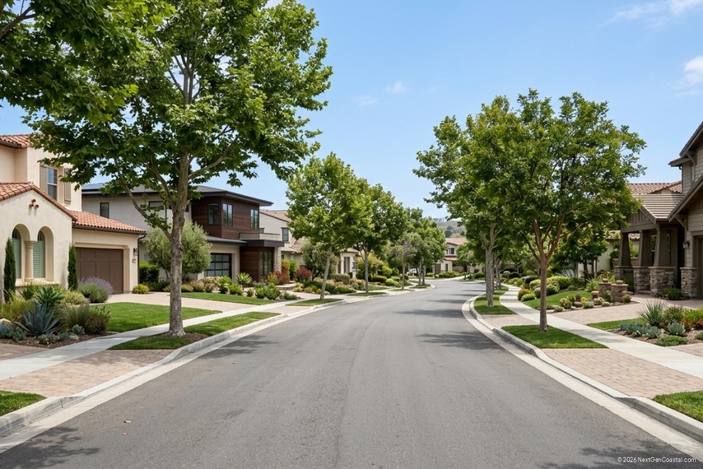 Photorealistic DSLR photograph of a tree-lined residential street in a Carlsbad planned community with modern single-family homes and well-maintained landscaping