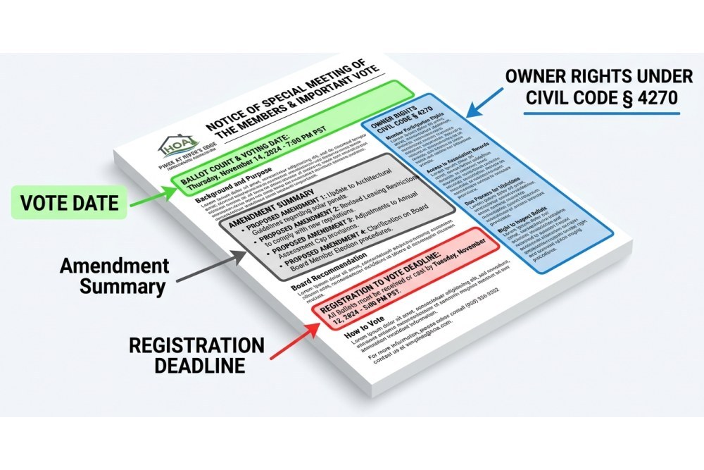 Clean technical illustration of an HOA board meeting notice document with labeled sections for vote date, amendment summary, registration deadline, and owner rights