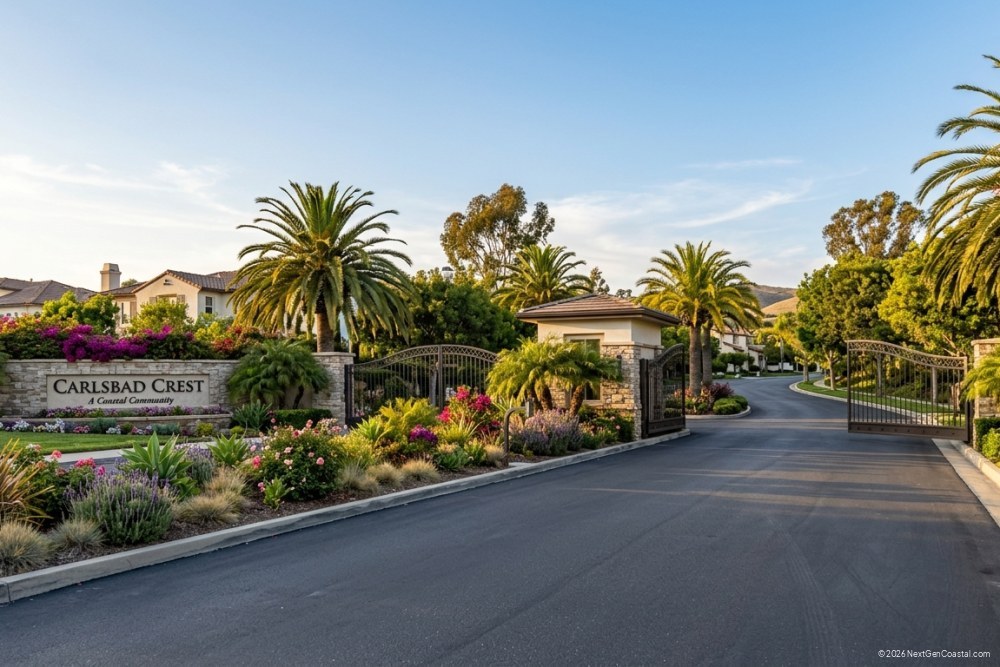 Photorealistic DSLR photograph of a gated HOA community entrance in Carlsbad with landscaped median and modern signage