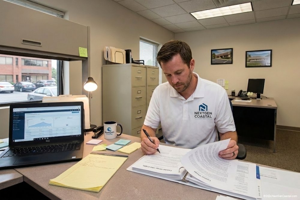Photorealistic DSLR photograph of a NextGen Coastal property manager in a white polo with NGC logo seated at an office desk reviewing HOA CC&R documents and lease files