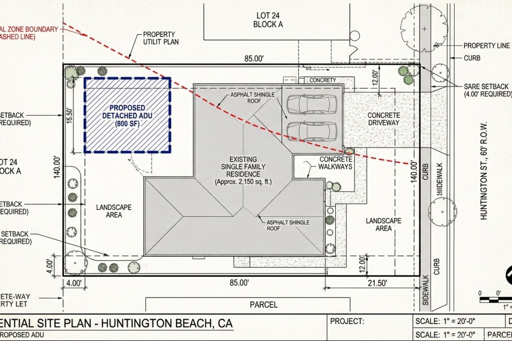 Architectural site plan showing proposed ADU location, setback dimensions, and coastal zone boundary line with existing single-family residence