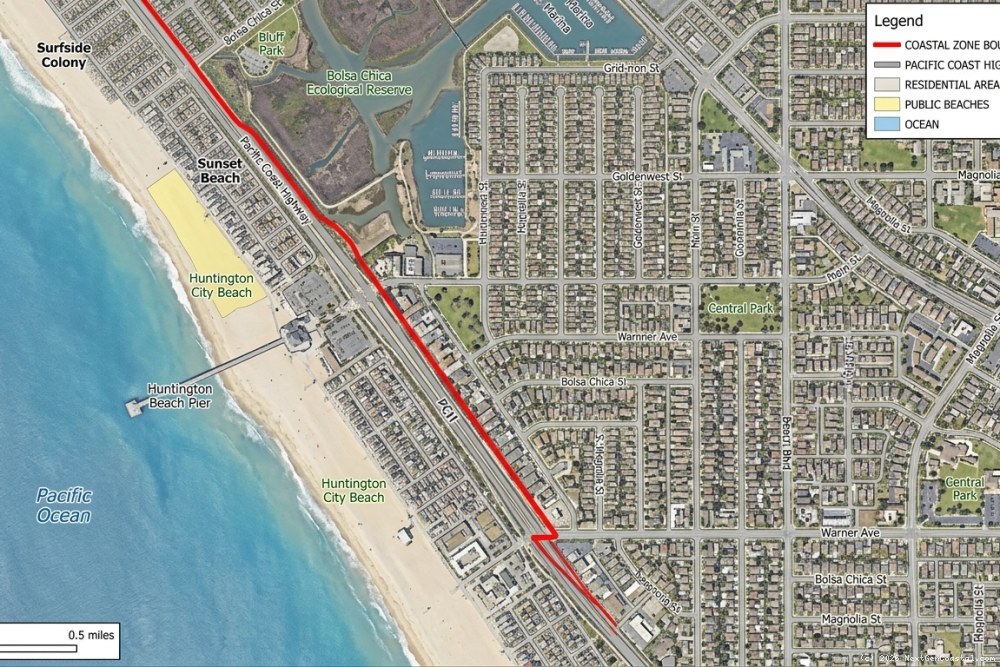 Aerial map of Huntington Beach showing California Coastal Commission jurisdiction boundary line in relation to Pacific Coast Highway and residential neighborhoods