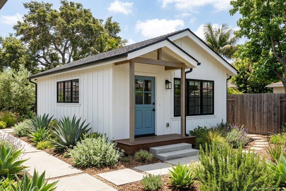 Exterior view of a converted detached garage ADU with new windows, Dutch door entry, and coastal-style board-and-batten siding in a Huntington Beach backyard