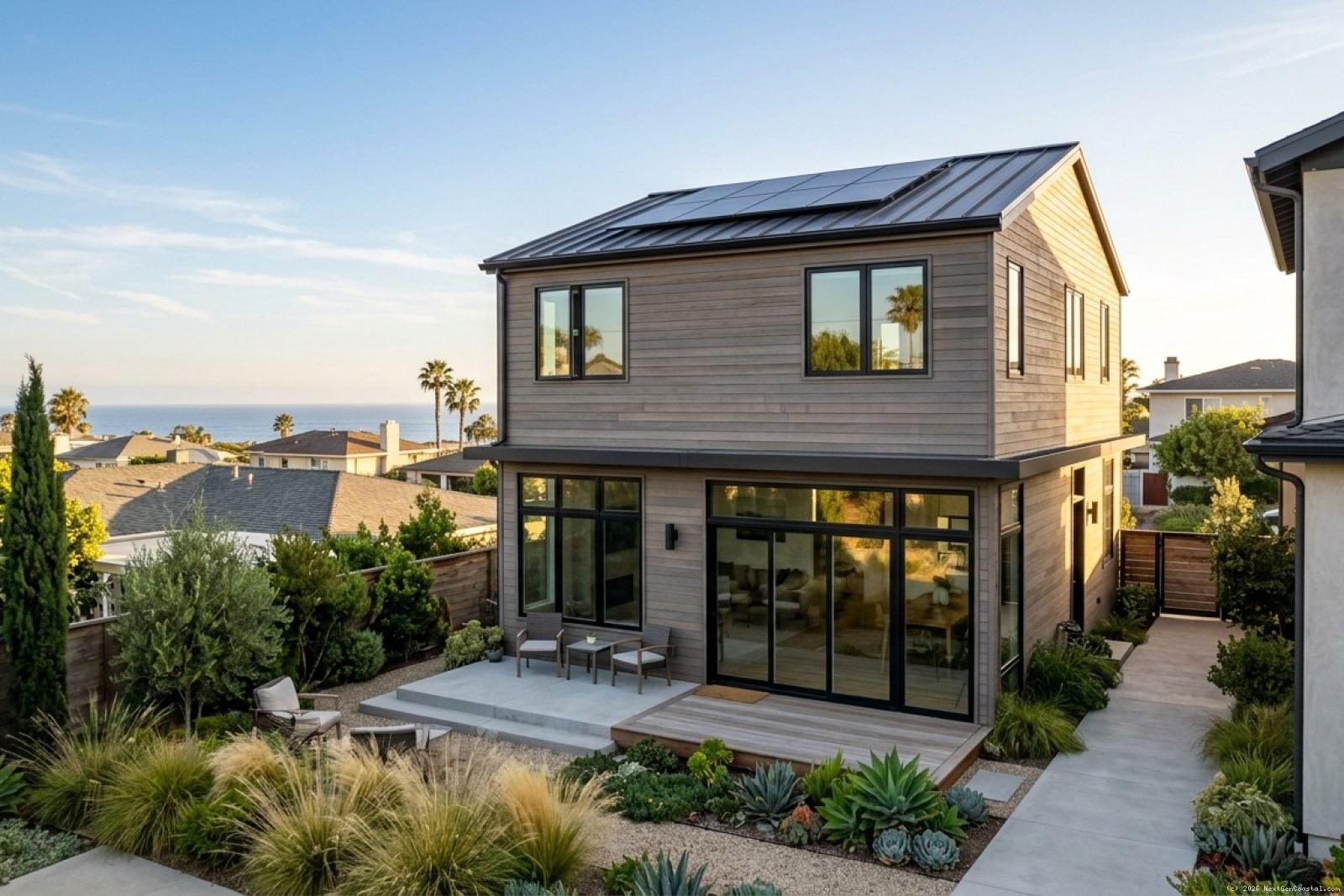 Wide-angle view of a modern detached ADU with horizontal wood siding and floor-to-ceiling windows in a Huntington Beach backyard, ocean visible in the distance, coastal sage landscaping, late afternoon golden light