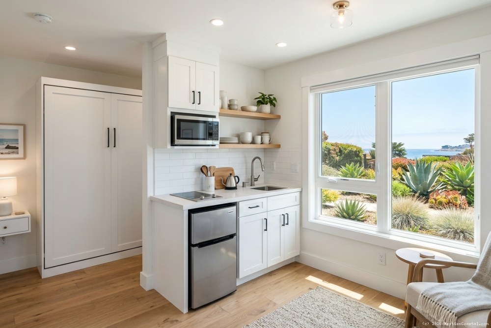 Interior view of a converted JADU showing kitchenette with compact appliances, Murphy bed, and large window overlooking coastal landscaping