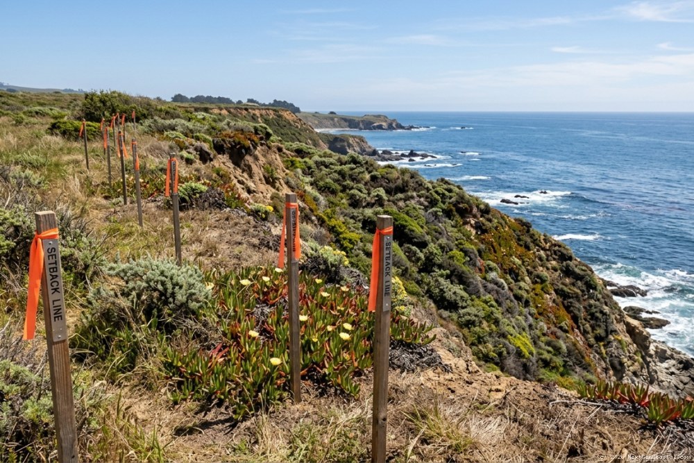 Coastal bluff-top property with survey stakes marking setback lines, ocean visible below, native vegetation on slope