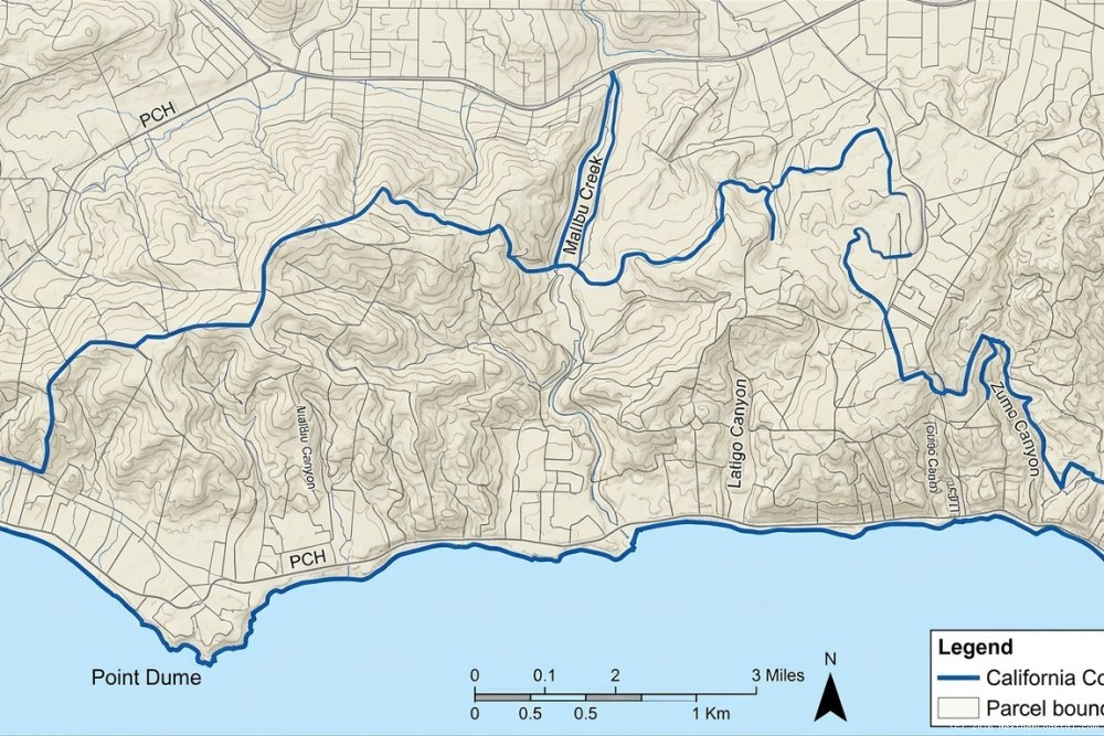 Detailed coastal zone boundary map showing inland extent of CCC jurisdiction in Malibu with topographic overlay and parcel lines