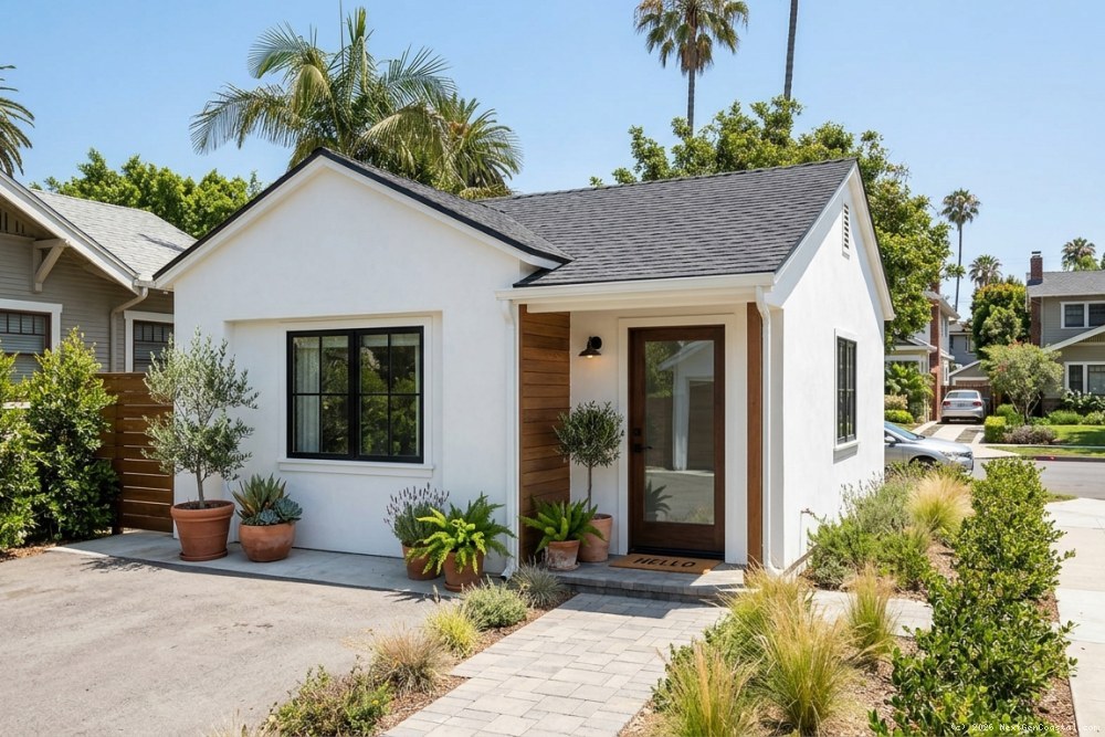 Exterior view of converted detached garage JADU with new windows and entrance door, original garage structure visible, residential neighborhood setting