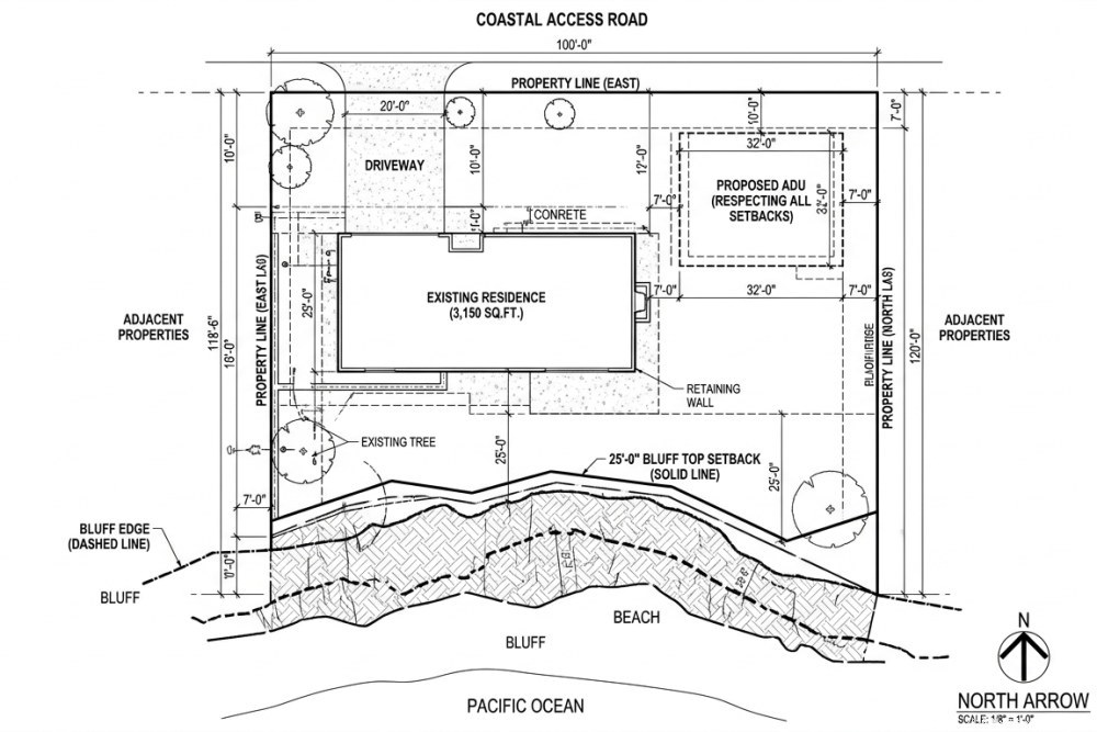 Architectural site plan showing ADU placement relative to bluff edge setback line and primary residence on oceanfront lot