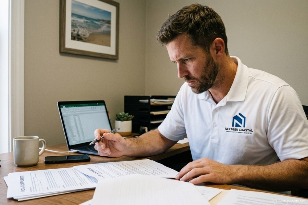 NextGen Coastal property manager in white polo reviewing HOA compliance documents at a desk in a residential office