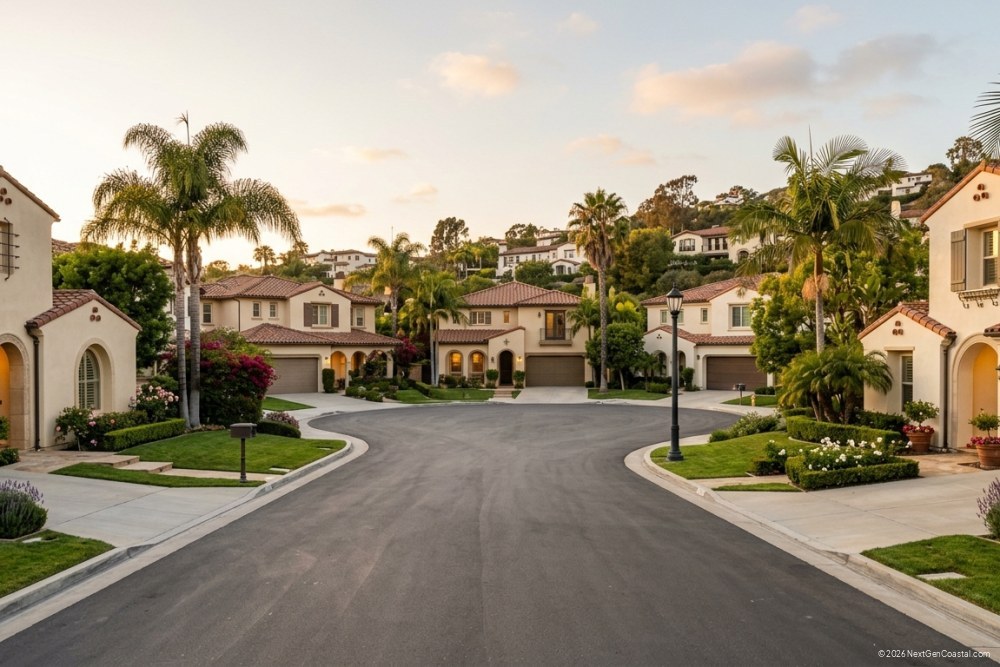 Photorealistic DSLR photograph of a quiet residential cul-de-sac in Laguna Beach with Mediterranean-style homes, palm trees, and well-maintained landscaping