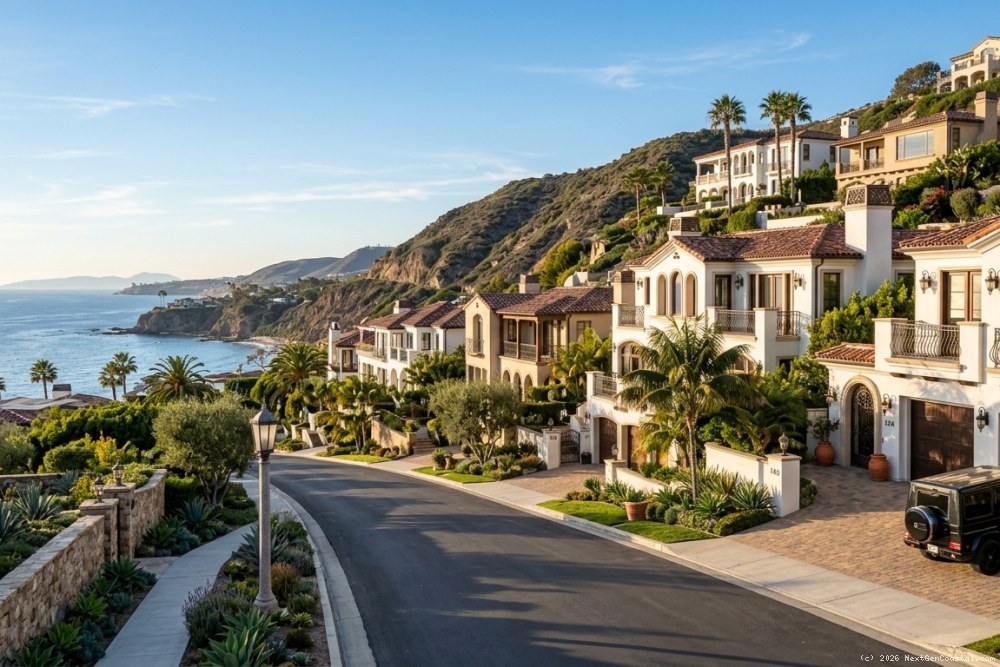 Luxury hillside homes with ocean views in gated Laguna Beach community showing architectural consistency and landscaping