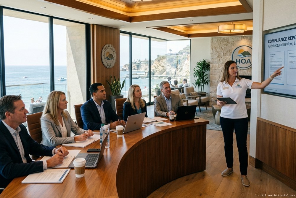 HOA board meeting in coastal community clubhouse with property manager presenting compliance documents
