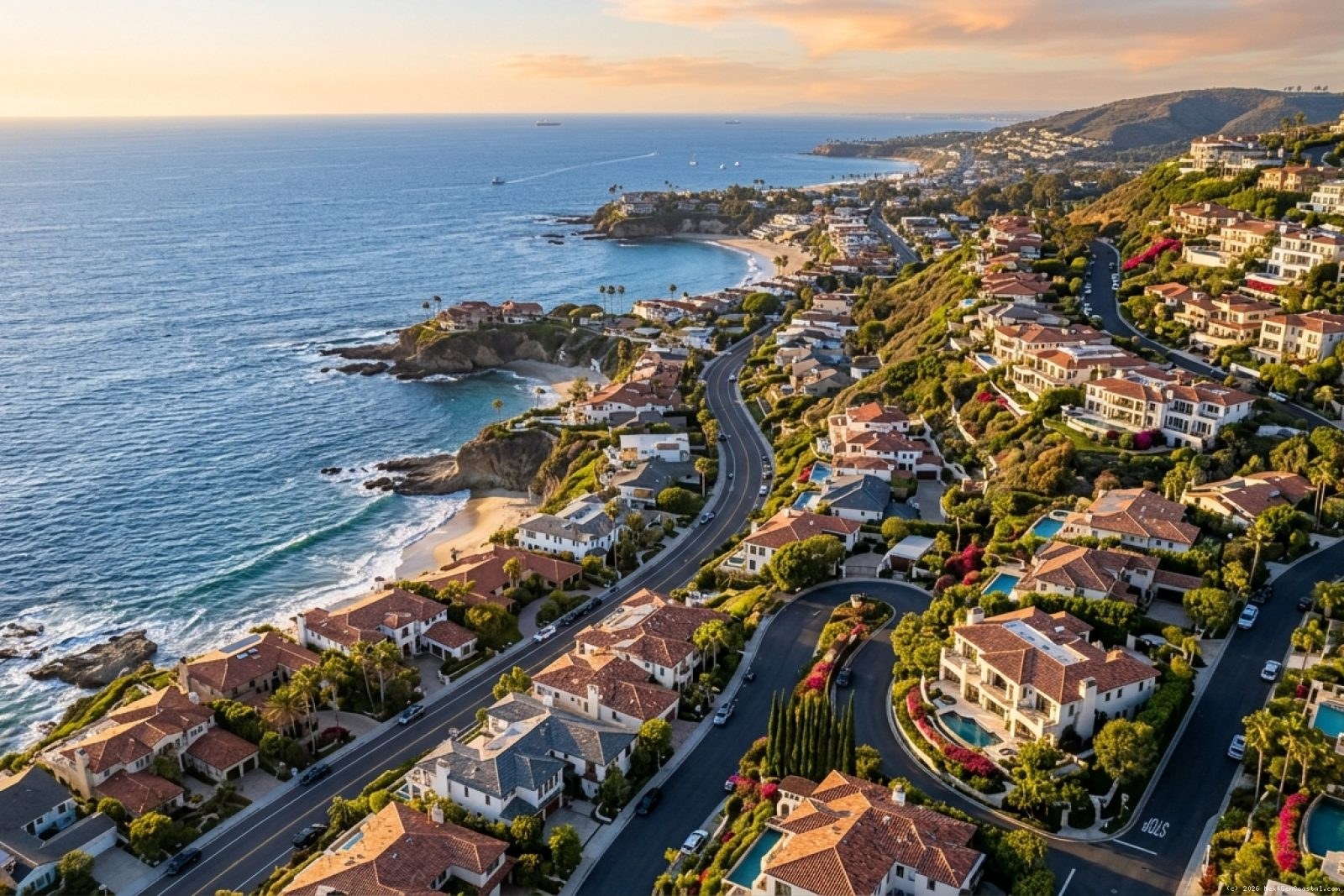Aerial view of luxury coastal homes cascading down hillside toward Pacific Ocean in Laguna Beach, California, with terracotta roofs and lush landscaping under golden afternoon light