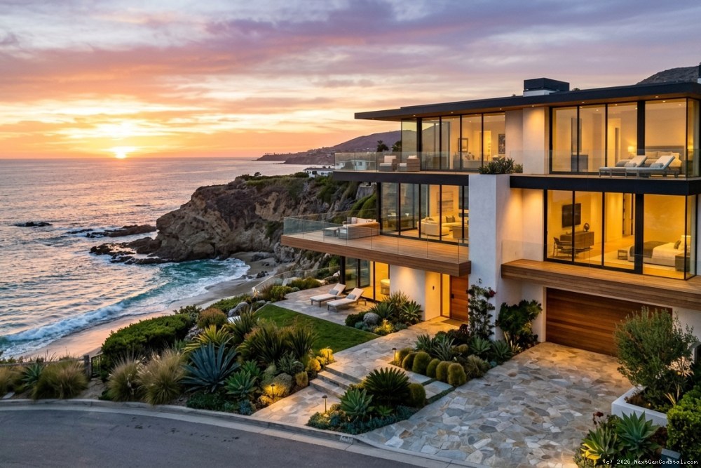 Oceanfront luxury property in Laguna Beach at sunset with manicured landscaping and coastal architecture