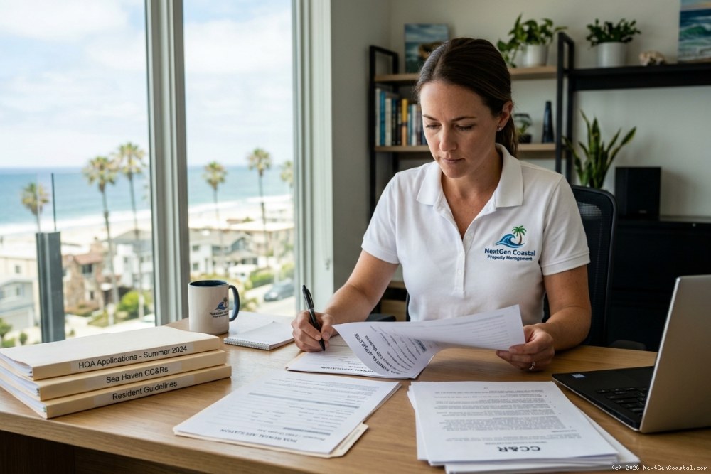 Property manager in white NextGen Coastal polo reviewing HOA rental application documents at modern coastal office desk