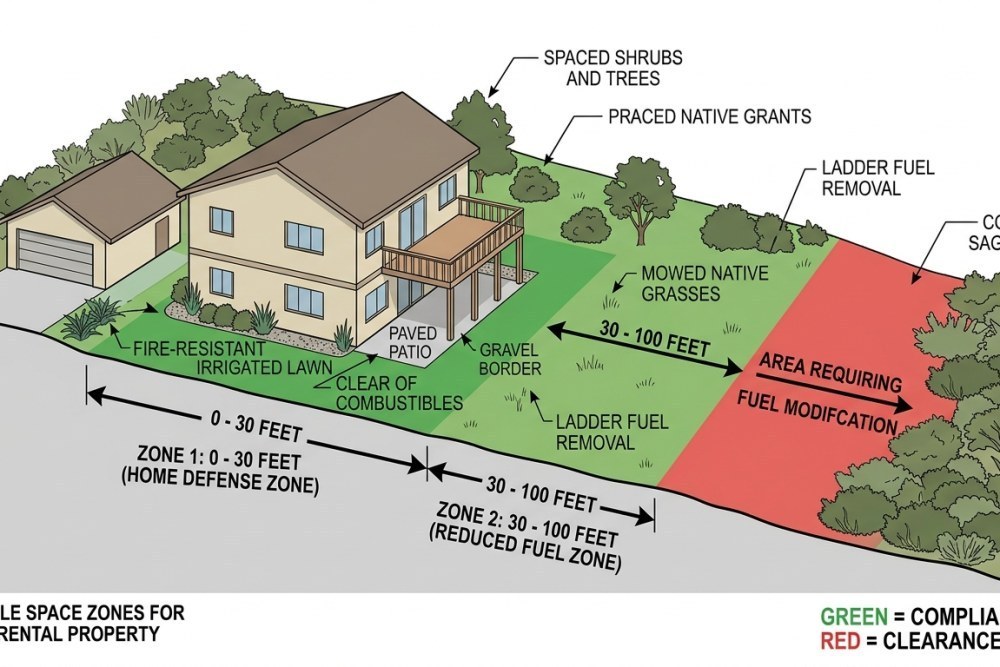 Illustrated diagram showing Zone 1 and Zone 2 defensible space clearance requirements around a hillside rental home