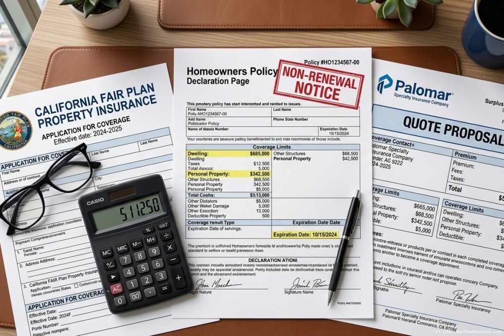 Insurance policy renewal documents spread on desk with FAIR Plan application and surplus lines quote visible