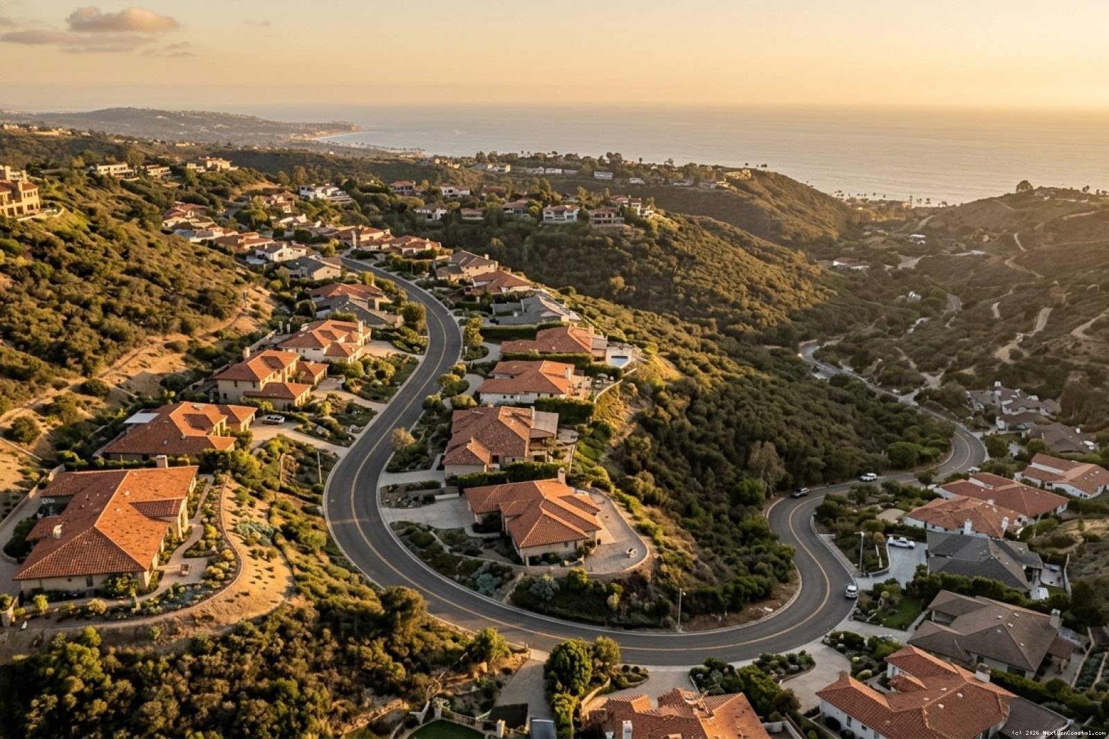 Aerial view of Laguna Canyon hillside properties with fire-resistant landscaping and defensible space clearance zones visible around coastal rental homes