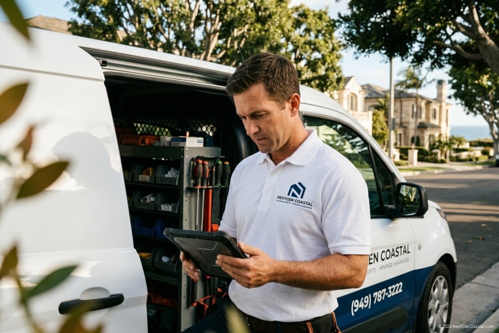Maintenance contractor in white NextGen Coastal polo reviewing digital work order on tablet while standing beside service van on tree-lined Orange County residential street
