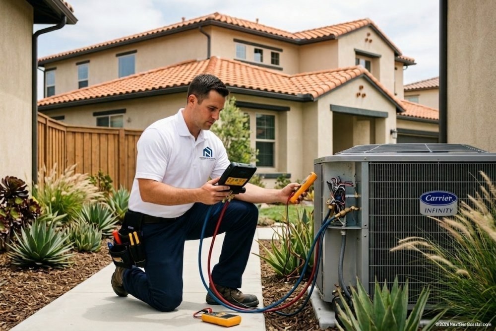 HVAC technician in white NextGen Coastal polo servicing outdoor condenser unit at modern luxury home with stucco exterior and drought-tolerant landscaping in Orange County