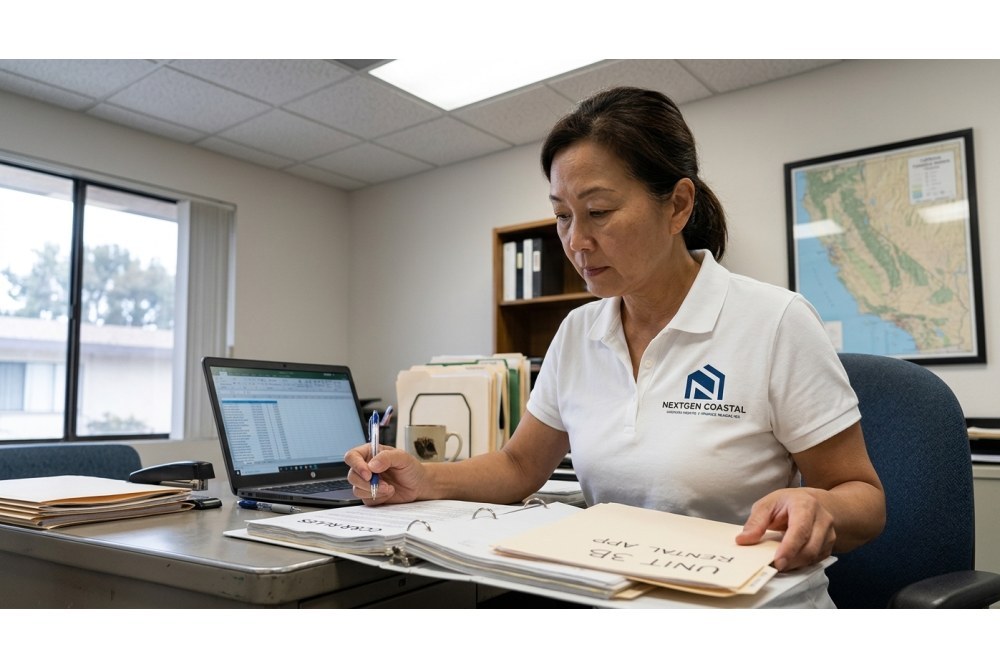 NextGen Coastal property manager at a desk reviewing HOA rental application documents and CC&R binder