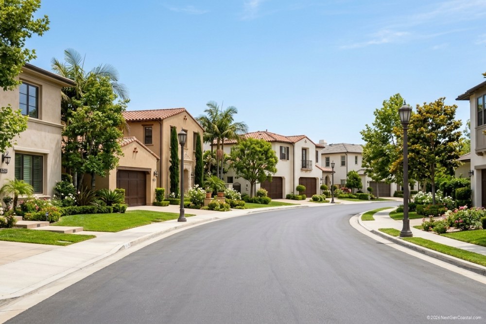 Photorealistic DSLR photograph of a quiet Newport Beach residential street with single-family homes, mature trees, and well-maintained landscaping