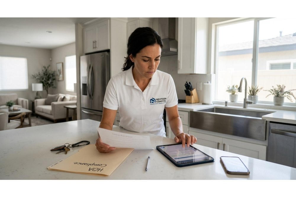 NextGen Coastal property manager in white polo reviewing lease documents at a kitchen counter in a Newport Beach rental home