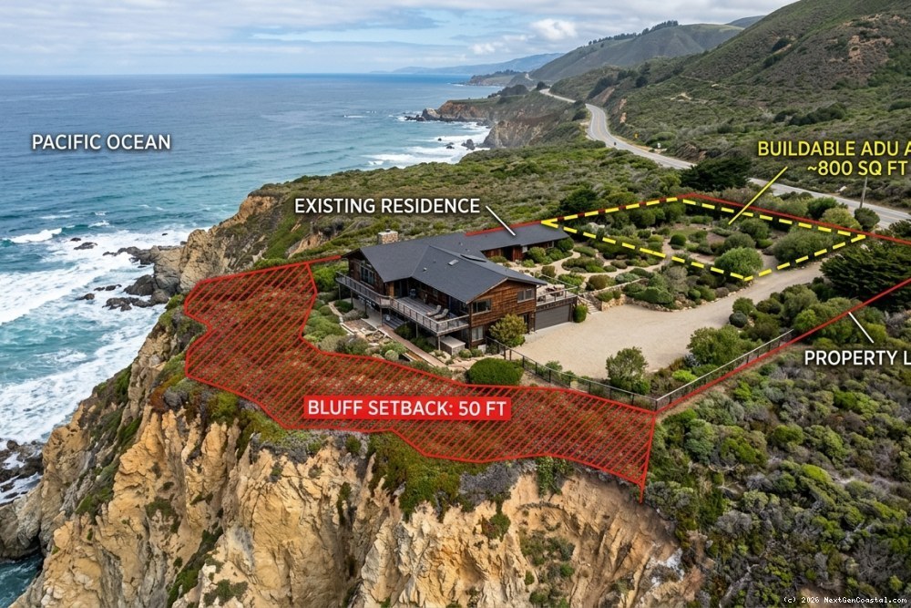 Bluff-top property illustrating ADU setback constraints from coastal edge
