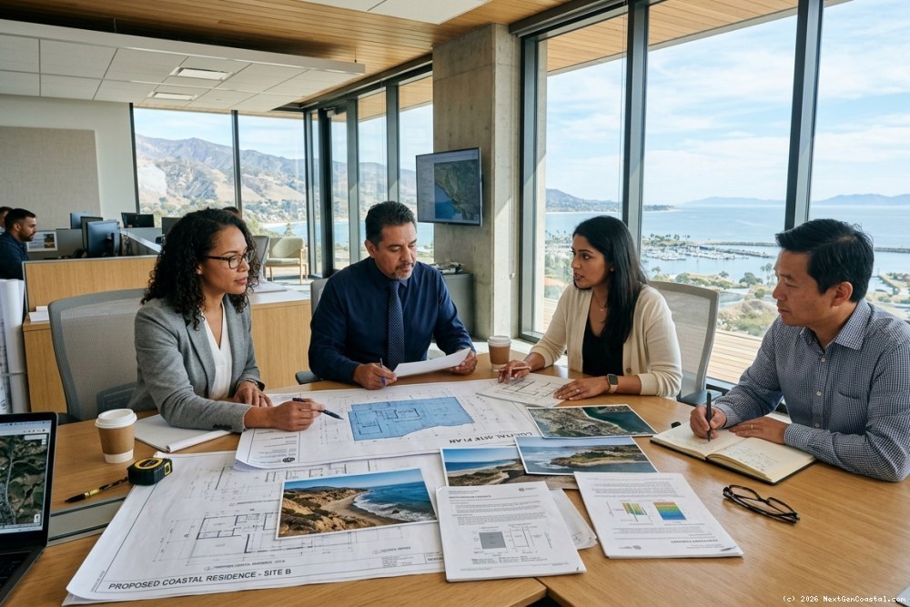 Planning department meeting reviewing coastal ADU architectural plans and documents