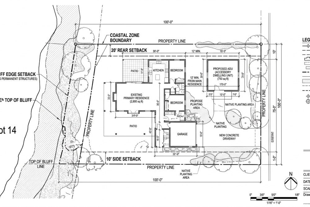 Coastal property site plan showing ADU setback measurements and zones