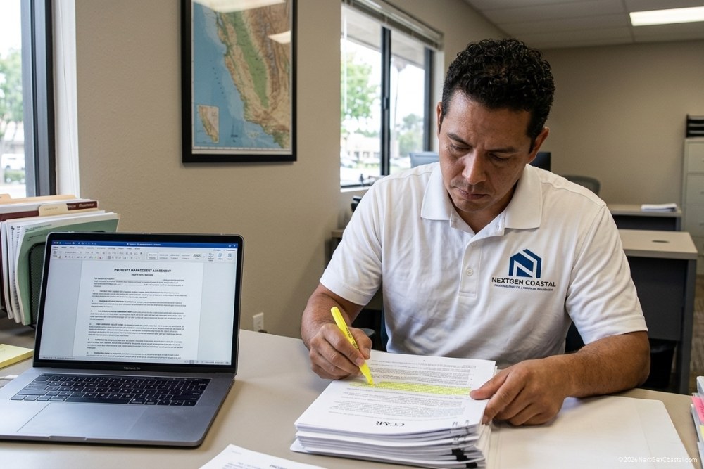 NextGen Coastal property manager in white polo reviewing CC&R documents at a desk in a modern office, mid-task with focused expression