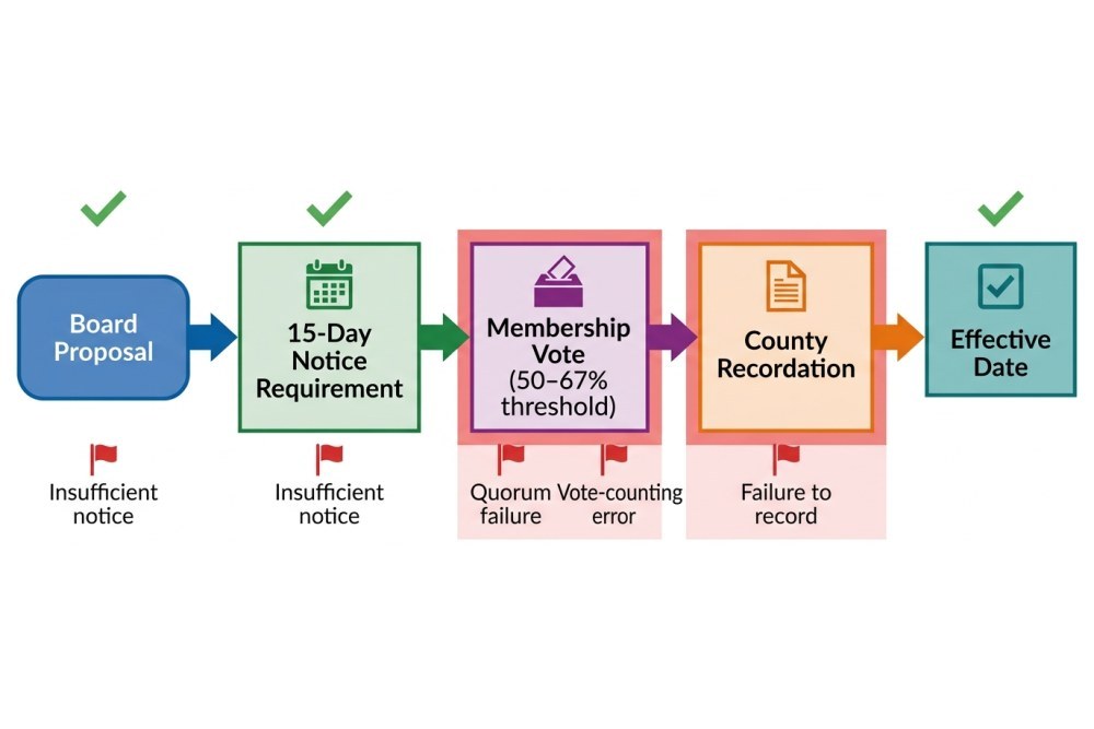 Clean technical illustration showing the CC&R amendment process flowchart with labeled steps: 