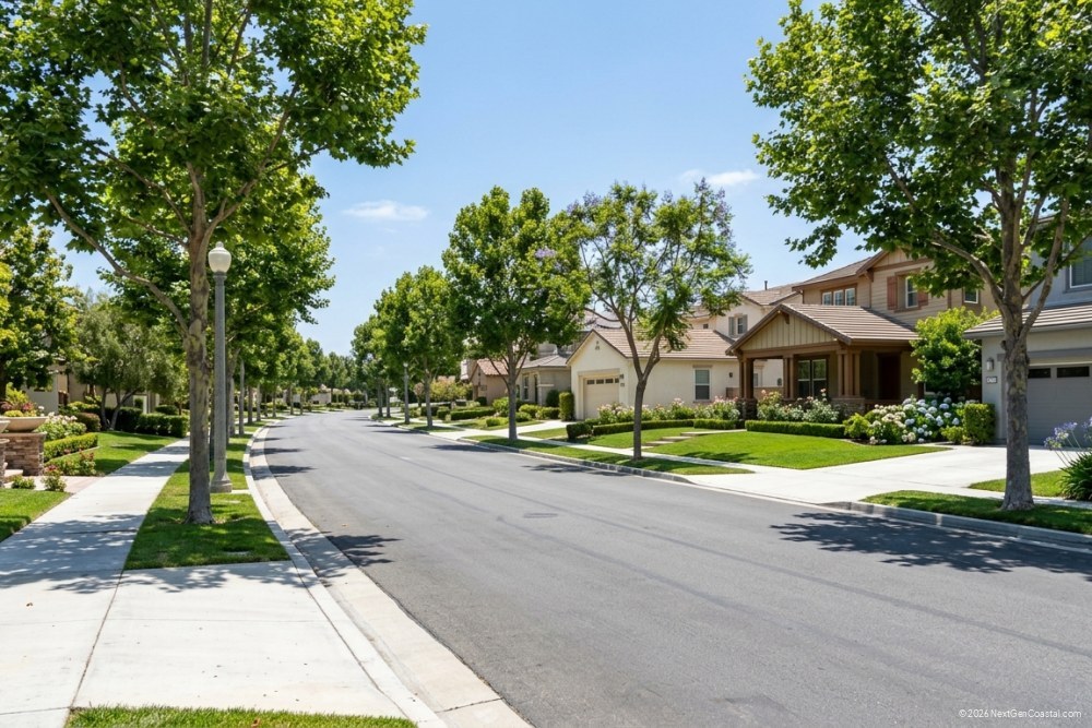 Wide view of a tree-lined Orange County residential street with single-family homes, manicured front yards, and HOA-maintained common landscaping under clear blue sky