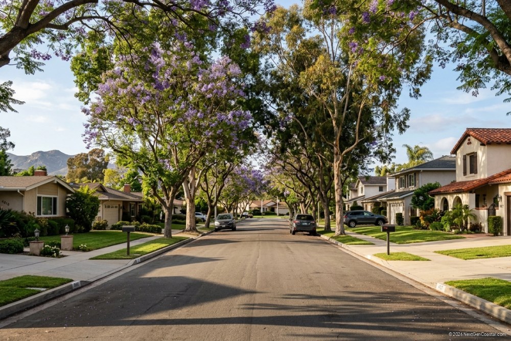 Tree-lined residential street in a San Diego suburban neighborhood with single-family homes and manicured front yards