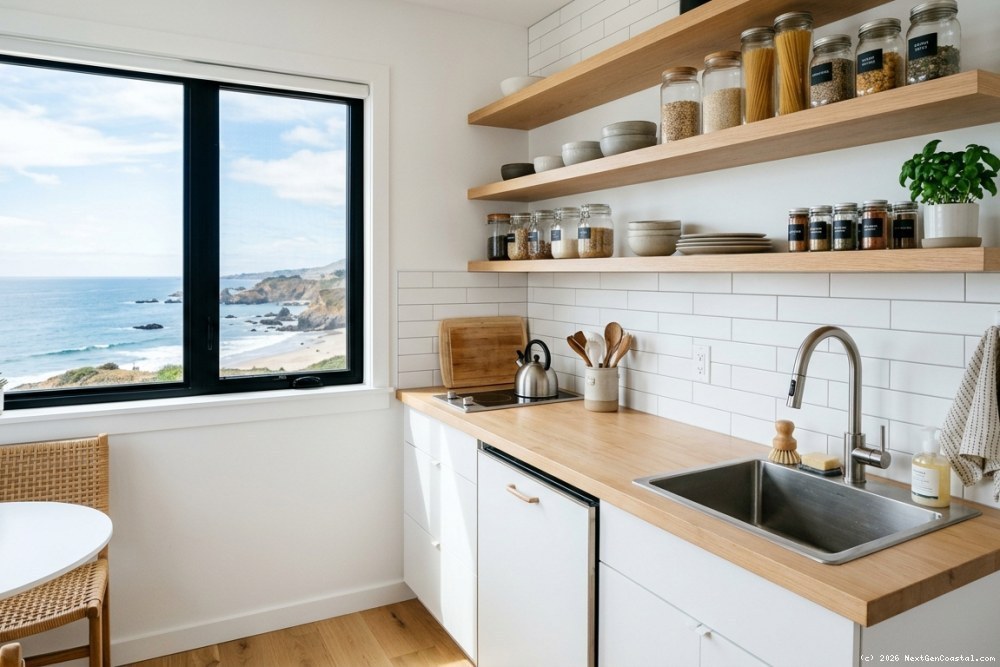 Compact efficiency kitchen in coastal JADU with sink and cooking facilities