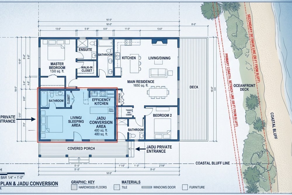 JADU floor plan diagram showing coastal setback compliance and interior layout