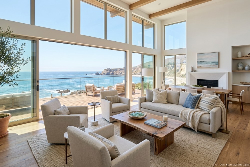 Bright, well-maintained living room interior of luxury coastal California rental home with ocean views