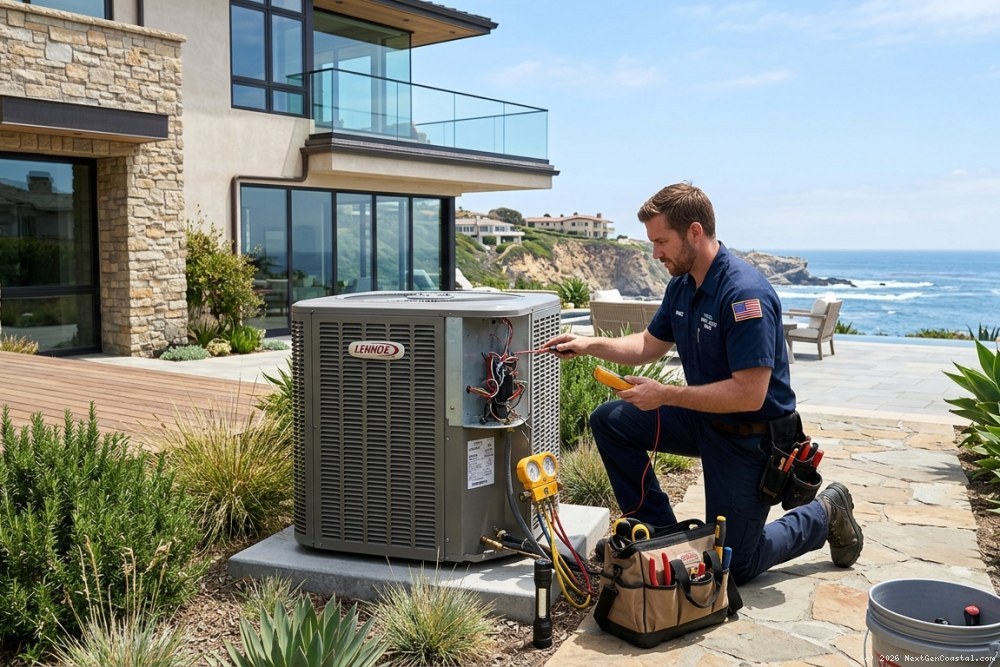 Professional HVAC technician servicing air conditioning system in luxury coastal California rental property