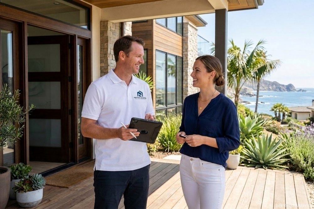 NextGen Coastal property manager in white polo meeting with tenant at coastal rental property