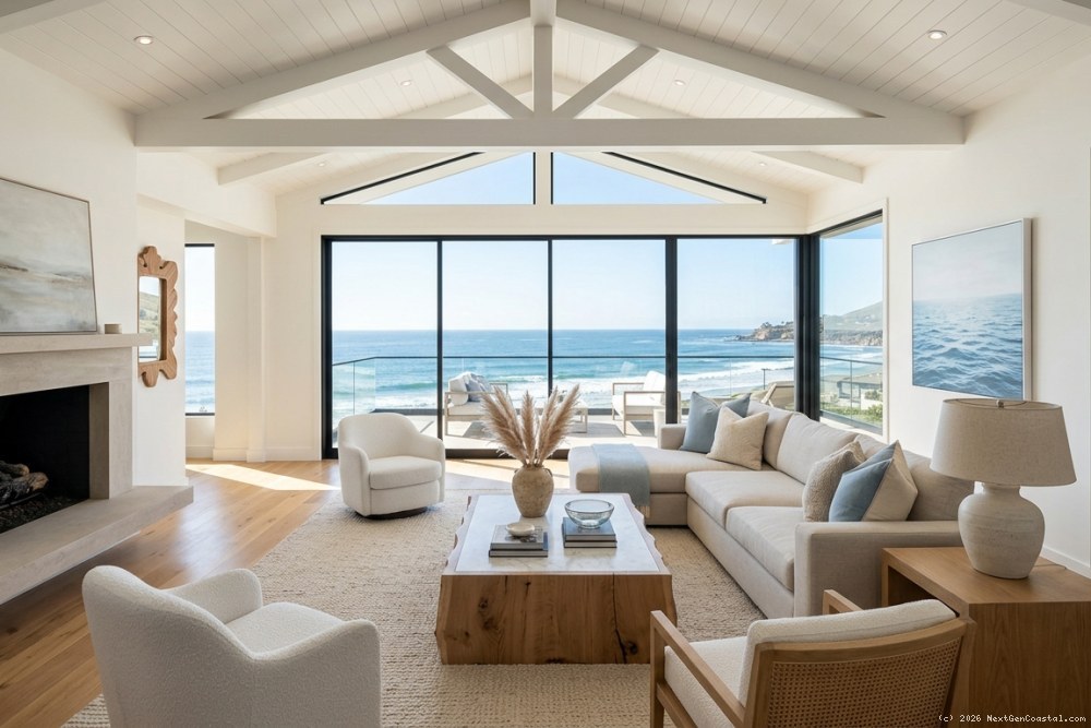 Elegant coastal living room with floor-to-ceiling windows, ocean views, designer furniture, and high-end finishes