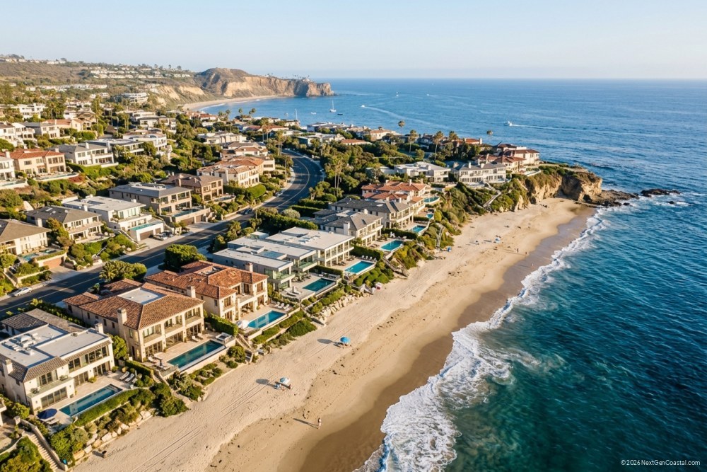 Aerial view of luxury oceanfront homes along the Southern California coast with pristine beaches and blue Pacific waters