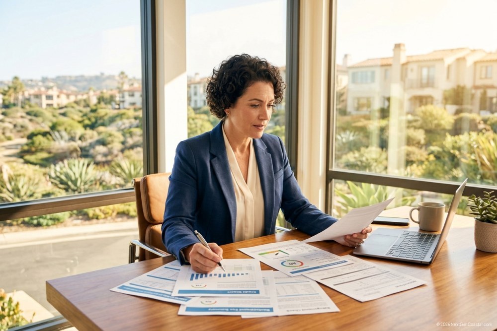 Property manager reviewing tenant screening documents and credit reports at modern coastal office desk