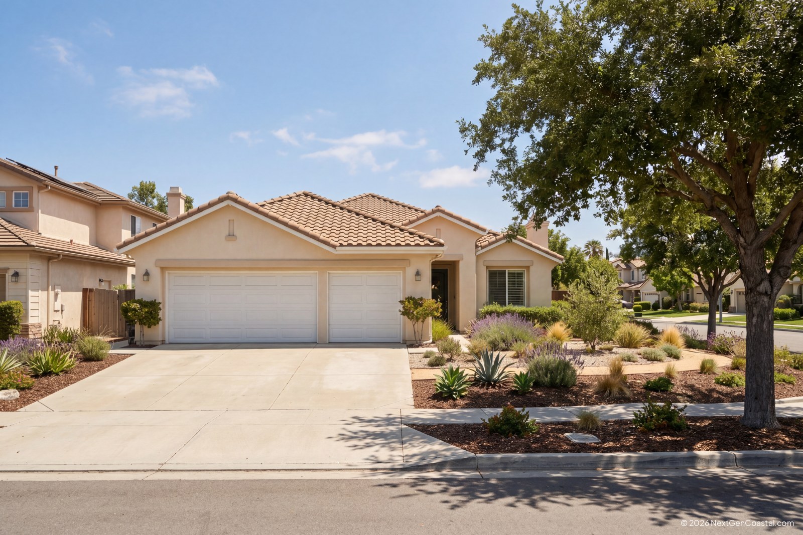 Modern single-family rental home exterior in California suburban neighborhood