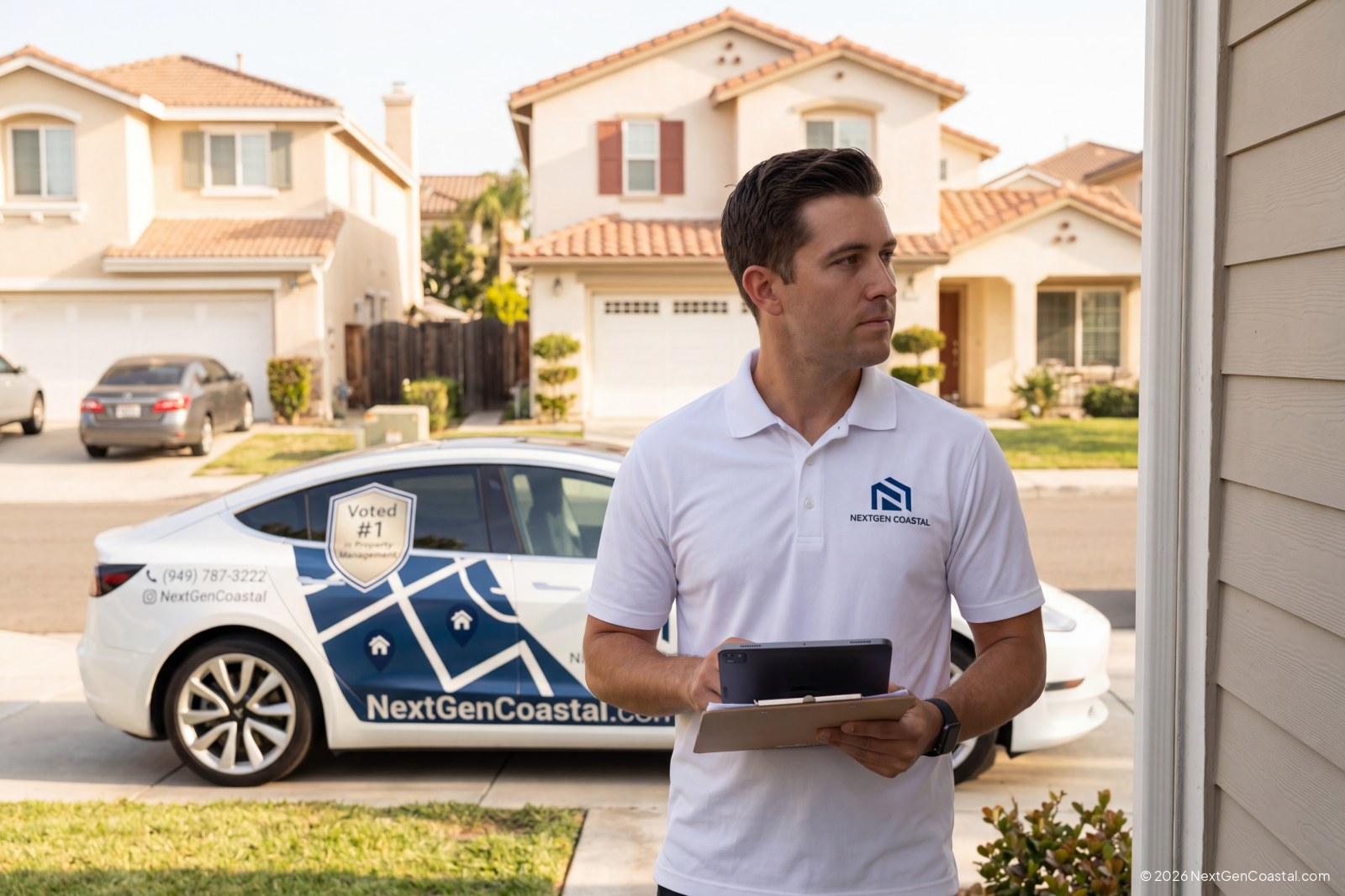 Property manager in white NextGen Coastal polo inspecting exterior of California rental home